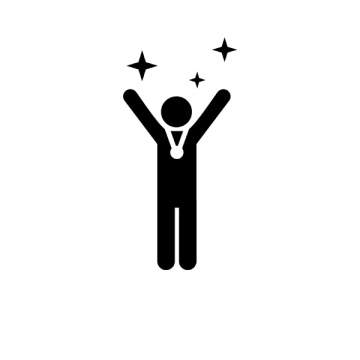 Winner with medal, man with raised hands, pictogram, icon