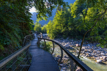 Pedestrian platform with barriers, hiking trail between Moos and St. Leonhard, South Tyrol, Italy