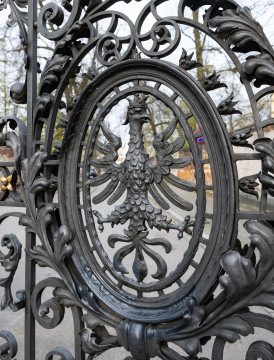 Eagle, an element of forged steel on the gate of the Monastery on Skałka, stock photo