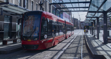 Red Tram in the center of Katowice