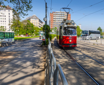 Red Tram on the Schwedenplatz in Vienna