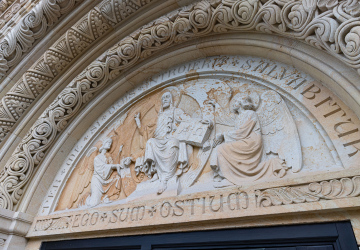Architectural details, decorations above the entrance to the church of St. Jacek in Bytom