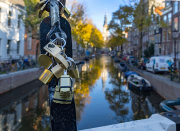 Pinned padlocks on a bridge in Amsterdam