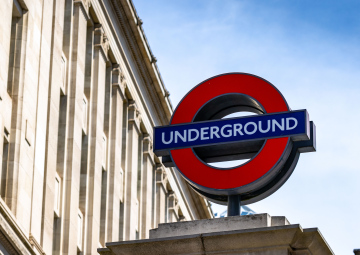 London Underground, inscription at the entrance to the station, stock photo