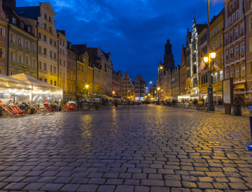 Wrocław market square in the city center, evening