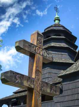 Orthodox Church and Wooden Cross in the Open-Air Museum in Lviv