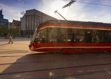 Red tram, public transport in Katowice stock photo