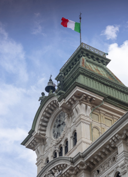 Trieste, the clock tower and the Italian flag