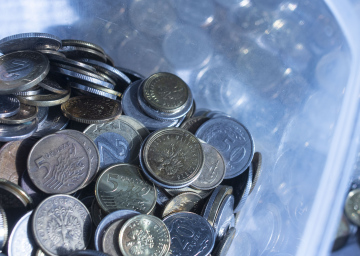 Coins in a plastic container