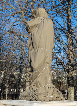 A monument, figure or object tightly wrapped in fabric.