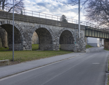 Road and brick railway viaduct