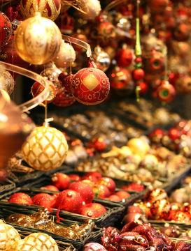 Christmas decorations on a market stall