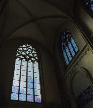 The dark interior of the church