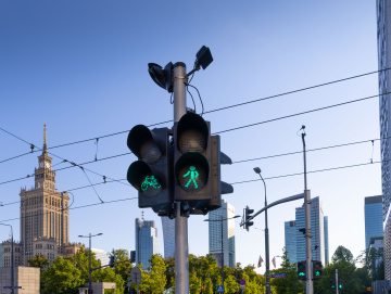 Streets of Warsaw. Green Light at a pedestrian crossing.