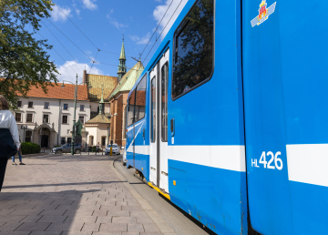 Blue tram, public transport in Krakow