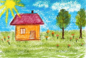 Children's drawing of a house on a background of blue sky