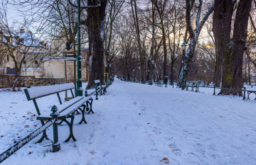 Planty in Krakow, Winter and snow on the bench