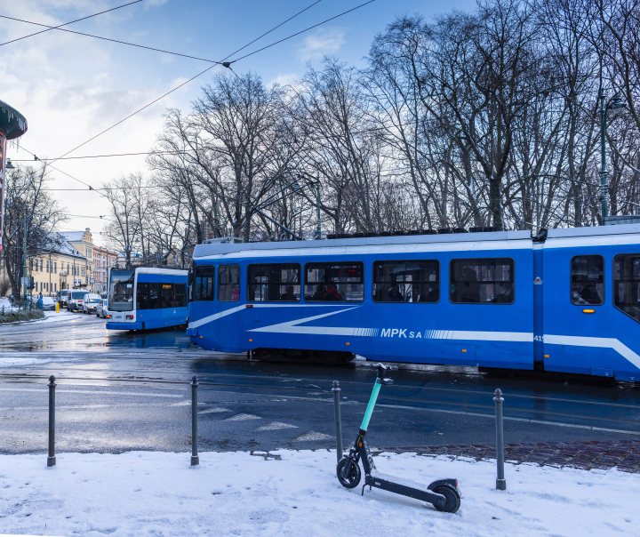 MPK in Krakow, blue trams at the intersection