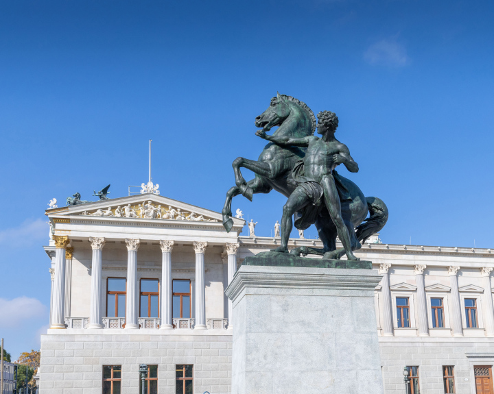 Horse tamer statue in front of the Austrian Parliament building, Vienna, Austria.