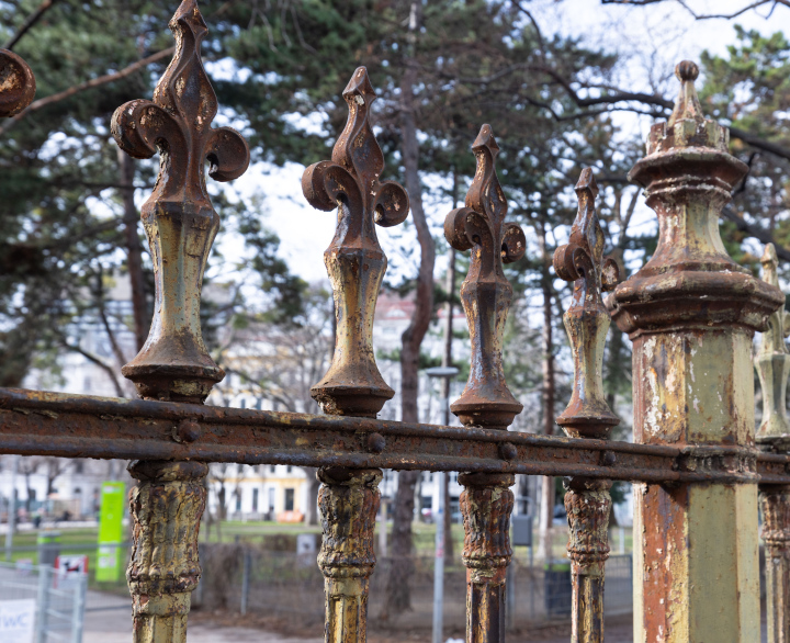 Corroded elements of a historic fence