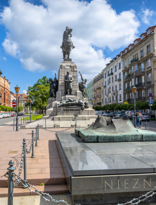 Monument to the Battle of Grunwald in the old town of Krakow, Poland, stock photo