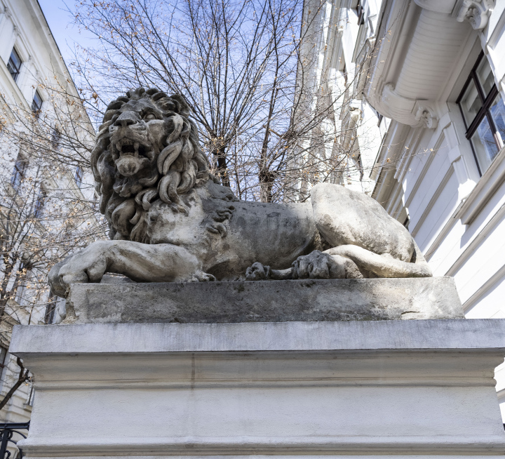 Lion statue at the entrance to the building