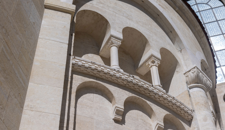 Architectural details on the facade of the church