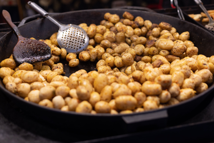 Potatoes baked in a large pan.