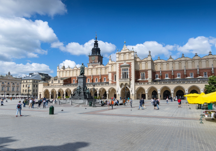 Main Market Square in Krakow, the Cloth Hall and the Town Hall.