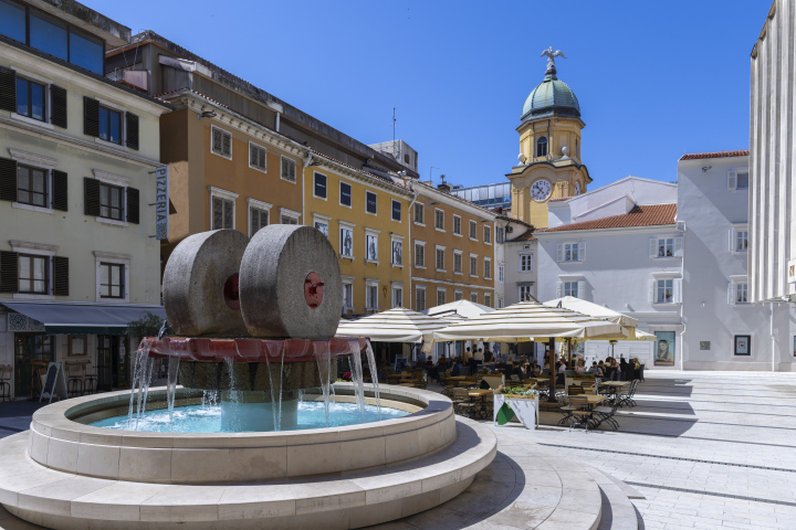 Rijeka Old Town Center. Fountain and Cafe Gardens.