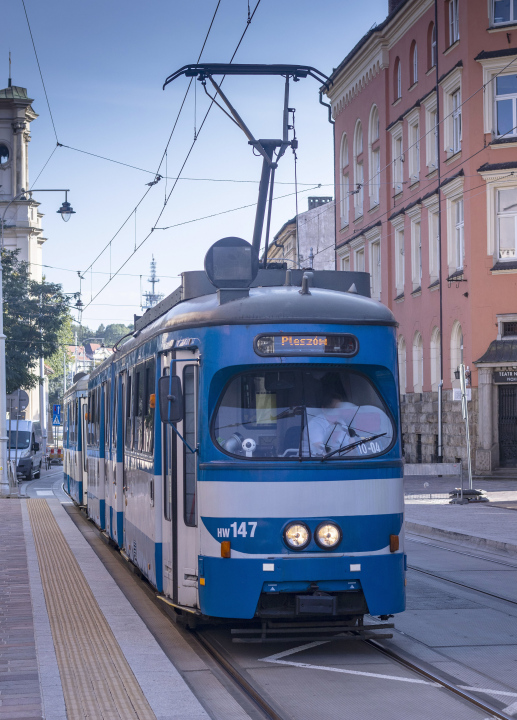Blue Tram at a stop in Krakow