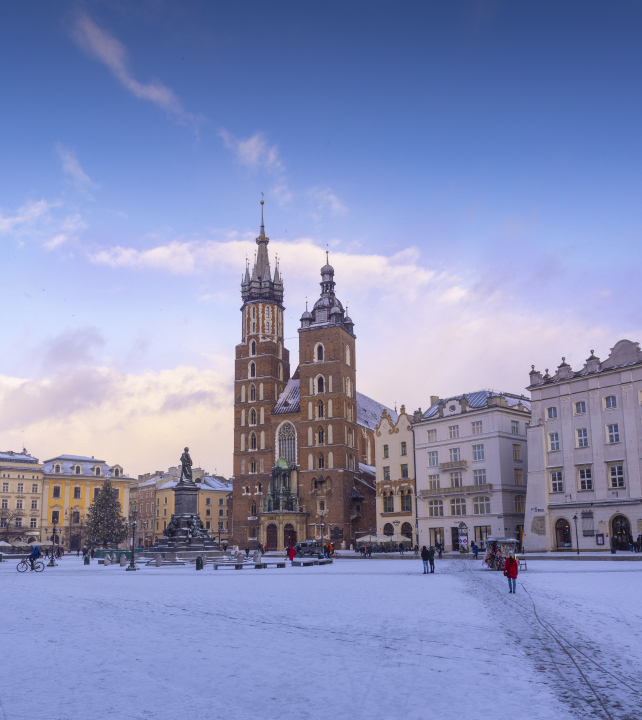 Market Square in Krakow in winter, St. Mary's Church