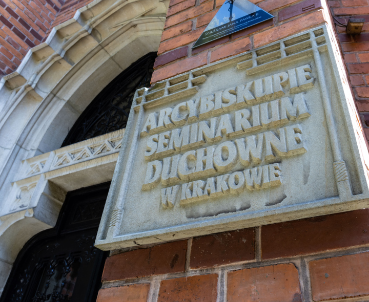 Theological Seminary in Krakow, the inscription on the board in front of the entrance to the building