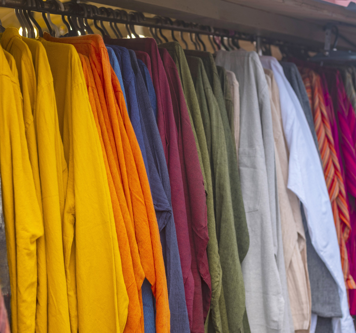 Clothes on the hanger. Sale of clothing.